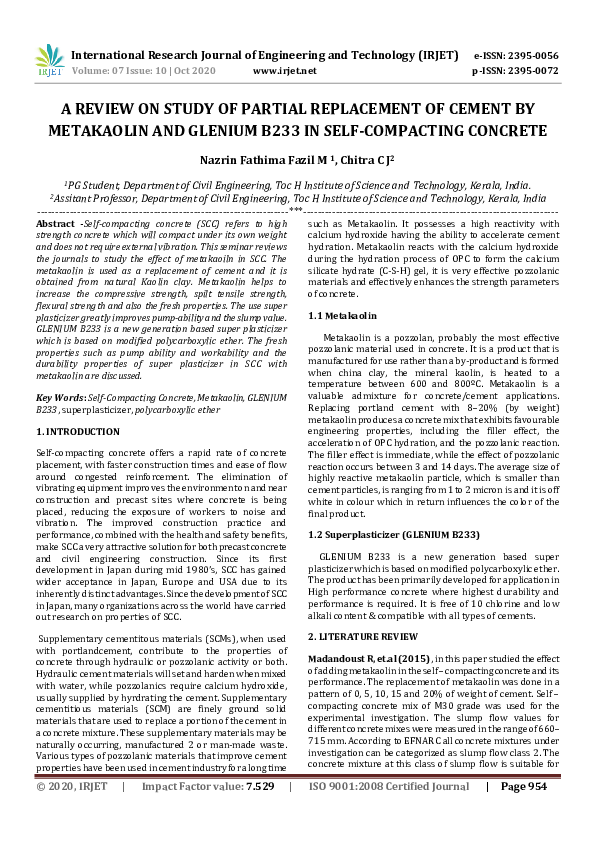 (PDF) IRJET- A REVIEW ON STUDY OF PARTIAL REPLACEMENT OF CEMENT BY ...