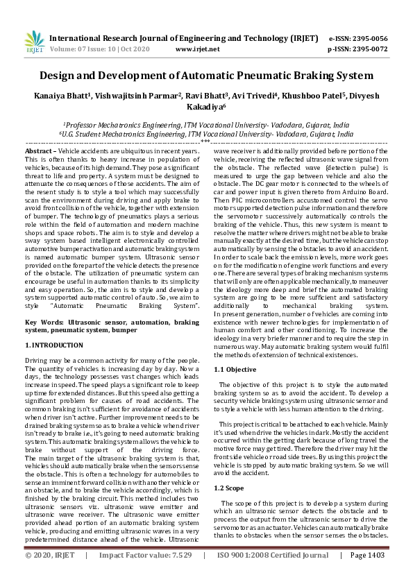 (PDF) IRJET- Design and Development of Automatic Pneumatic Braking System