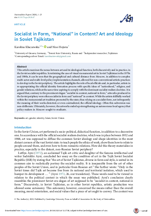Socialist in Form, "National" in Content? Art and Ideology in Soviet Tajikistan