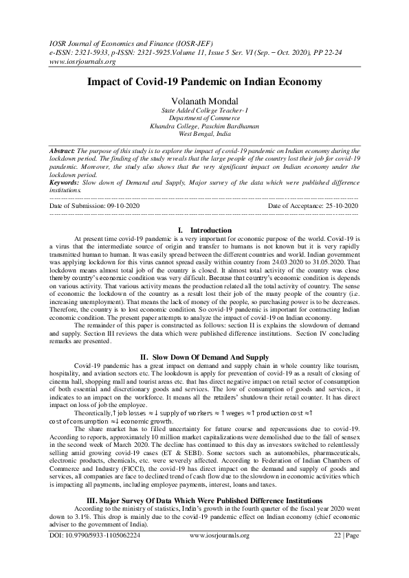 (PDF) Impact of Covid-19 Pandemic on Indian Economy