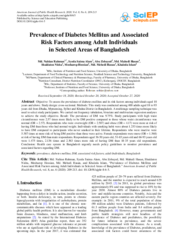 (PDF) Prevalence of Diabetes Mellitus and Associated Risk Factors among