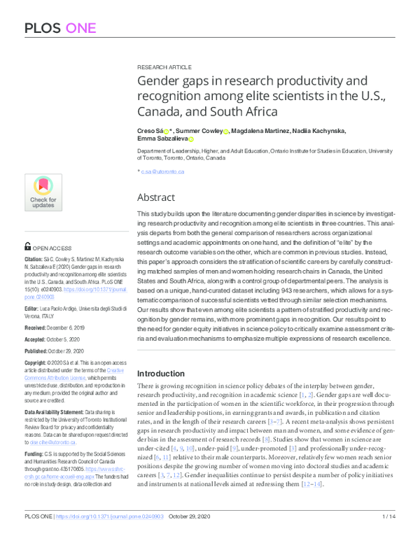 (PDF) Gender gaps in research productivity and recognition among elite ...
