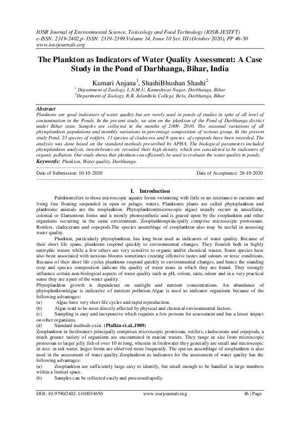 (PDF) The Plankton as Indicators of Water Quality Assessment: A Case ...