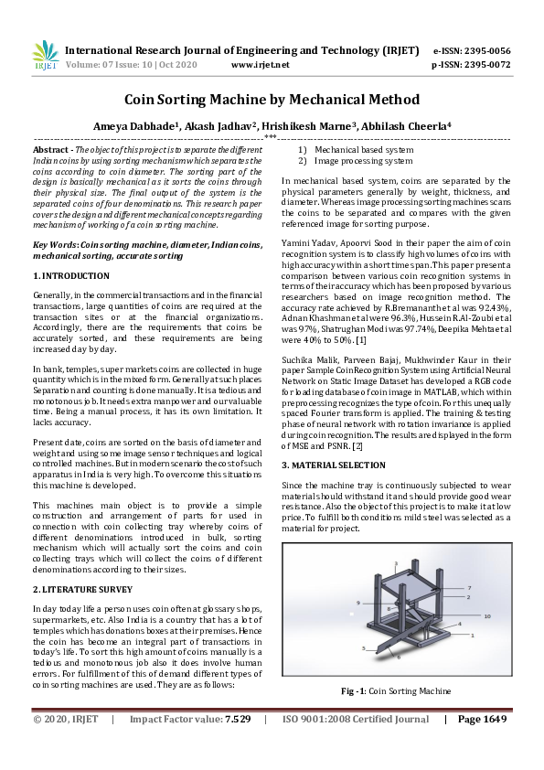 (PDF) IRJET Coin Sorting Machine by Mechanical Method IRJET Journal