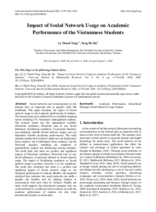 (PDF) Impact of Social Network Usage on Academic Performance of the ...