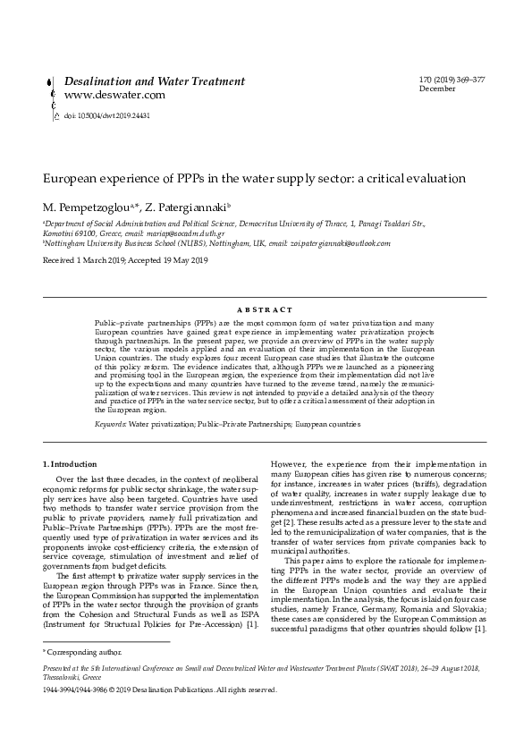 (PDF) Desalination and Water Treatment European experience of PPPs in ...