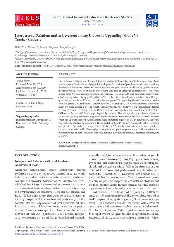 (PDF) Interpersonal Relations and Achievement among University ...