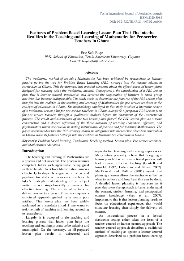 (PDF) Features of Problem Based Learning Lesson Plan That Fits into the ...