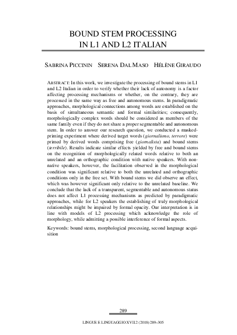 (PDF) Bound Stem Processing in L1 and L2 Italian