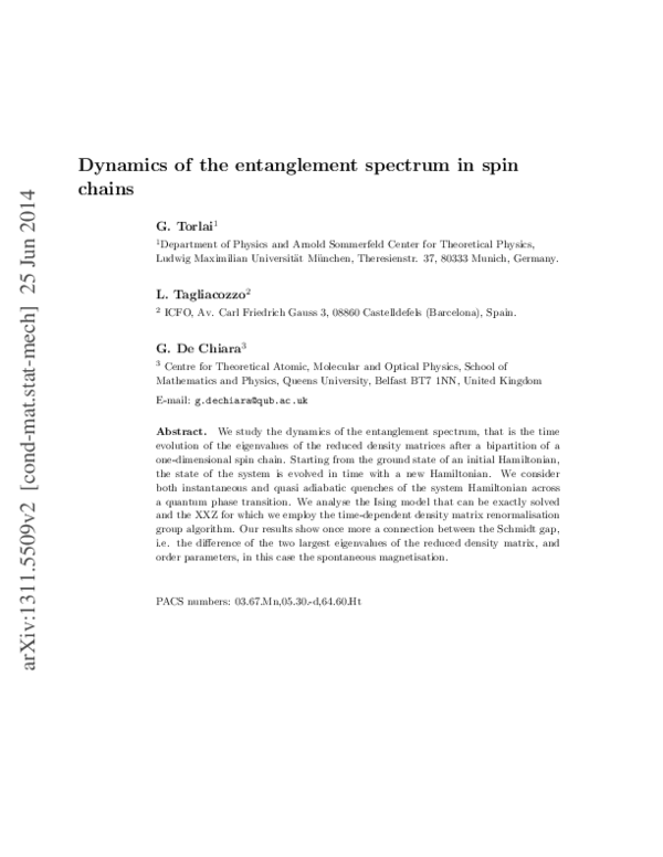 (PDF) Dynamics of the entanglement spectrum in spin chains