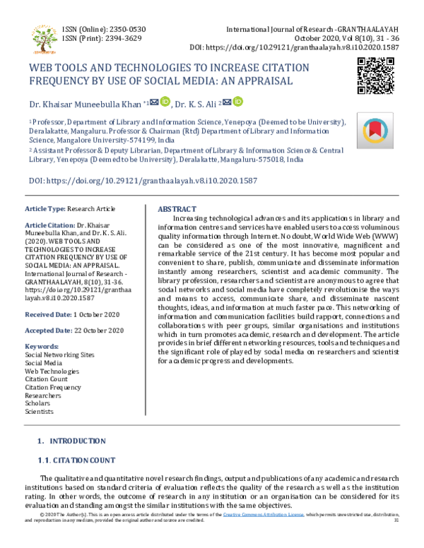 Pdf Web Tools And Technologies To Increase Citation Frequency By Use Of Social Media An Appraisal Dr K S Ali Academia Edu