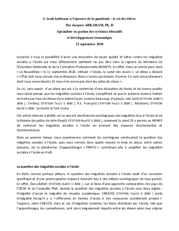 Doc L Ecole Haitienne A L Epreuve De La Pandemie Le Cri Des Eleves Jacques Abraham Academia Edu