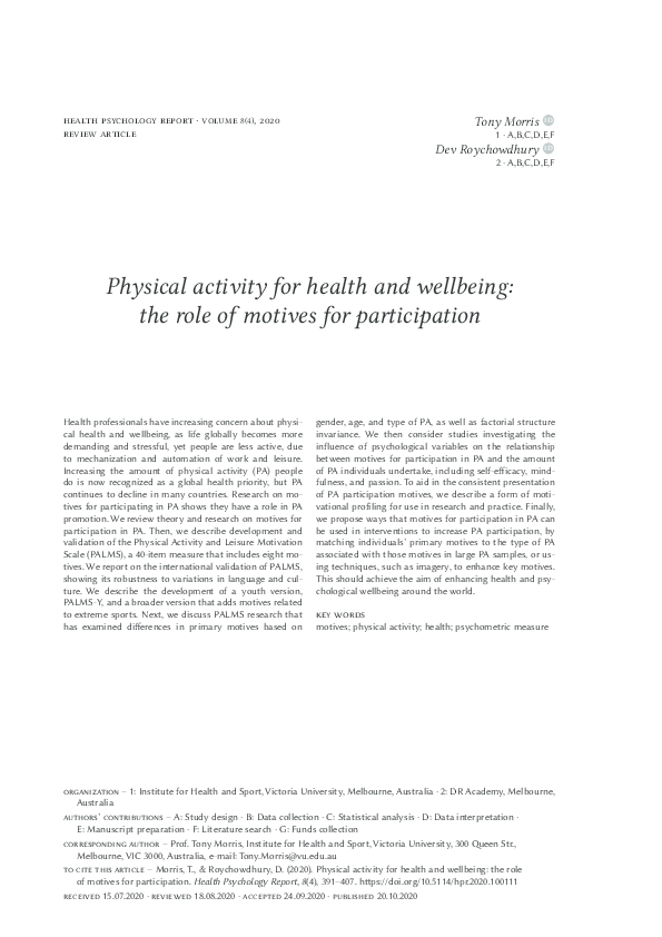 (PDF) Physical activity for health and wellbeing: The role of motives ...