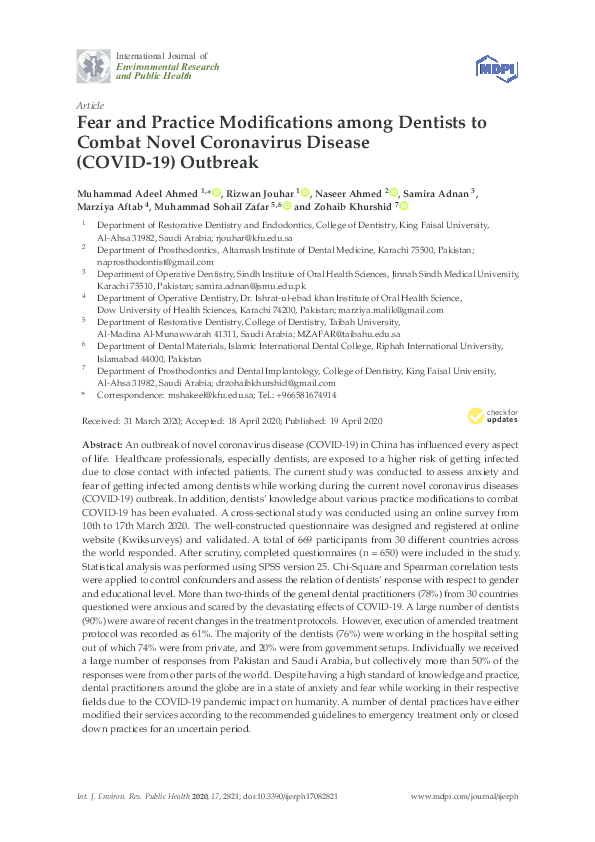 Pdf Fear And Practice Modifications Among Dentists To Combat Novel Pdf Fear And Practice Modifications Among Dentists To Combat Novel