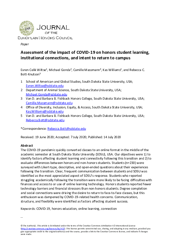 (PDF) Assessment of the impact of COVID-19 on honors student learning ...