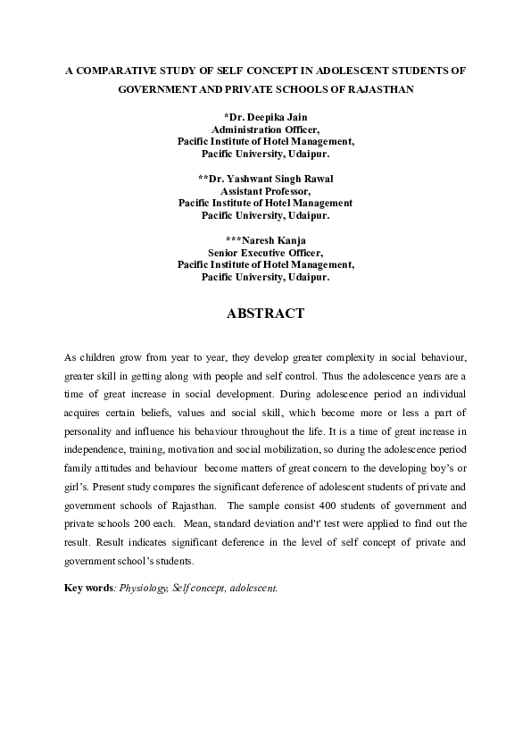 (DOC) A COMPARATIVE STUDY OF SELF CONCEPT IN ADOLESCENT STUDENTS OF ...