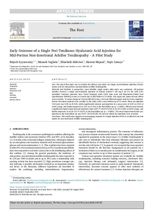 (PDF) Early of a Single PeriTendinous Hyaluronic Acid
