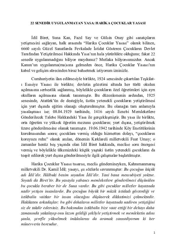 (DOC) 22 senedir uygulanmayan yasa: Harika Çocuklar Yasası