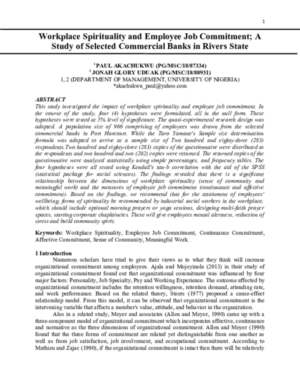 (DOC) Workplace Spirituality and Employee Job Commitment; A Study of ...
