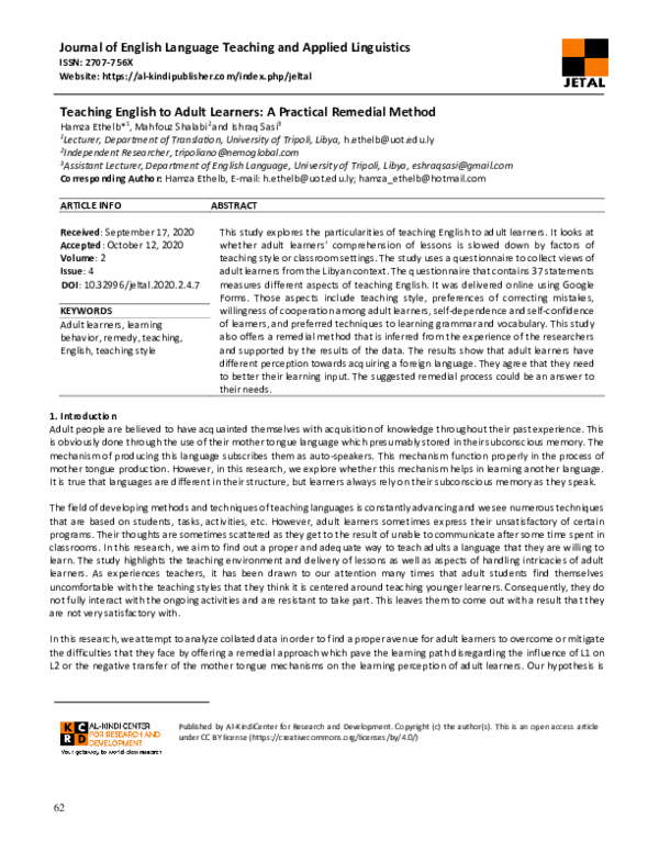 (PDF) Teaching English to Adult Learners: A Practical Remedial Method