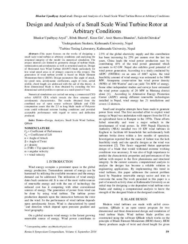 (PDF) Design and Analysis of a Small Scale Wind Turbine Rotor at ...