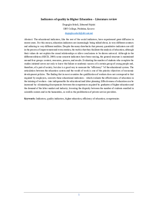 (PDF) Indicators of quality in Higher Education -Literature review