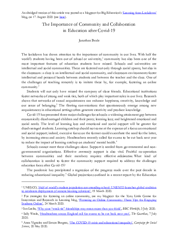 (PDF) The Importance of Community and Collaboration in Education after ...
