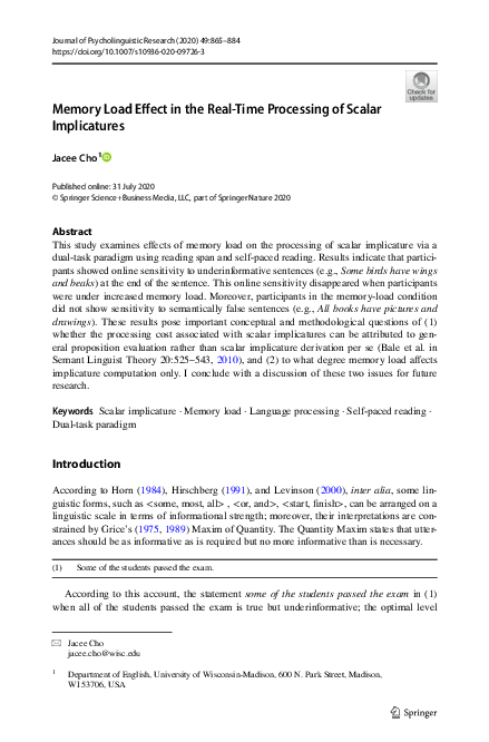 (PDF) Memory Load Effect in the Real-Time Processing of Scalar Implicatures