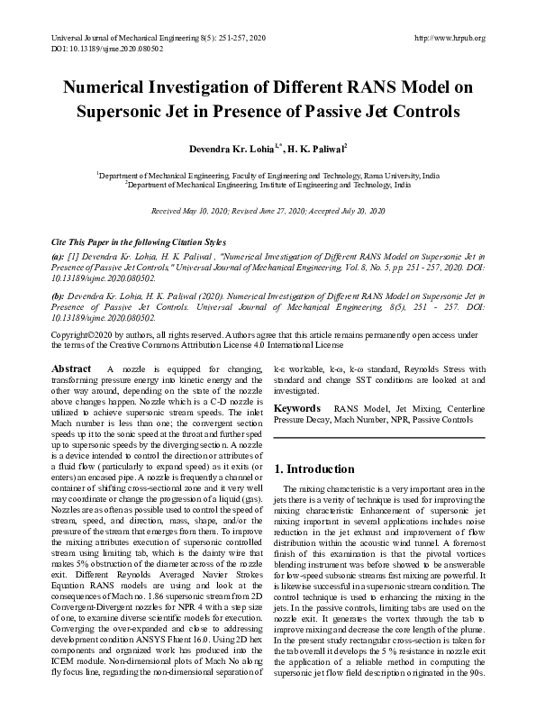 (PDF) Numerical Investigation of Different RANS Model on Supersonic Jet ...