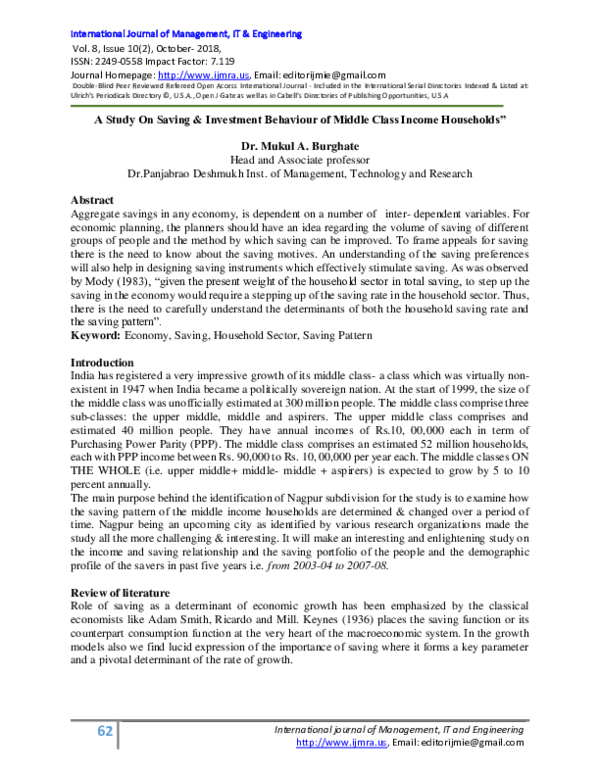 A Study On Saving & Investment Behaviour of Middle Class Households
