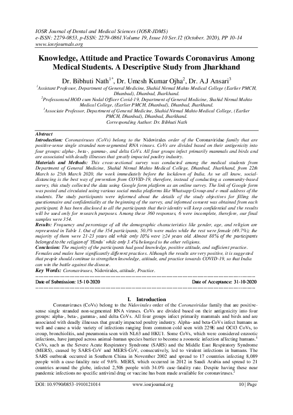 (PDF) Knowledge, Attitude and Practice Towards Coronavirus Among ...