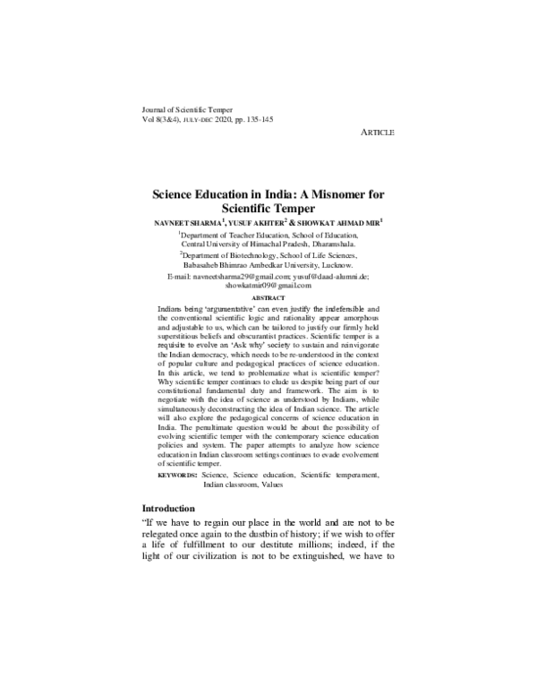 (PDF) Science Education in India A Misnomer for Scientific Temper Navneet Sharma and Showkat