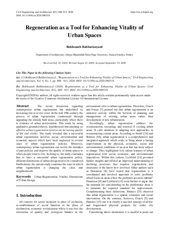 (PDF) Regeneration as a Tool for Enhancing Vitality of Urban Spaces