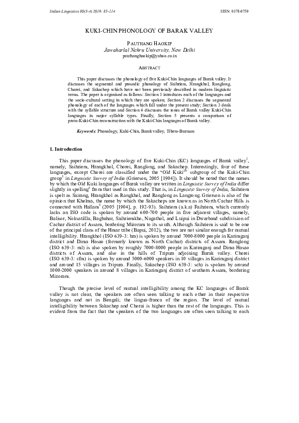 (PDF) KUKI-CHIN PHONOLOGY OF BARAK VALLEY