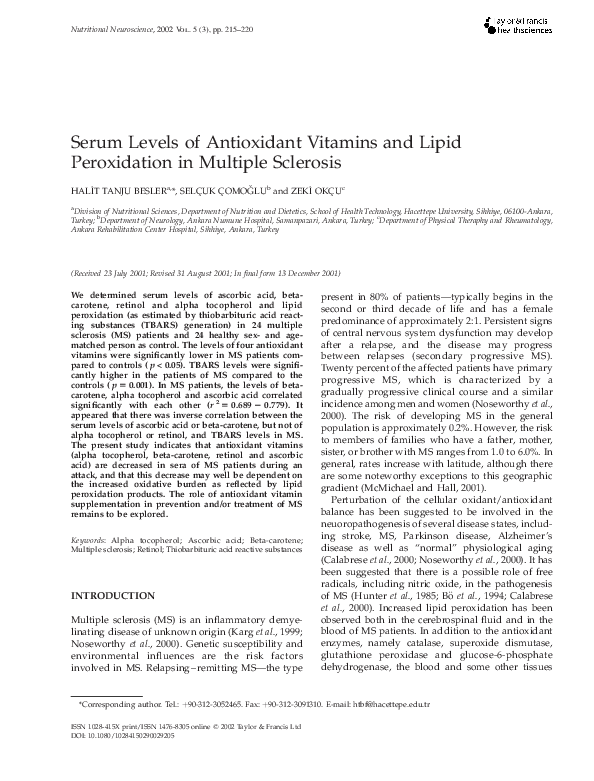 (PDF) Serum Levels of Antioxidant Vitamins and Lipid Peroxidation in Multiple Sclerosis H
