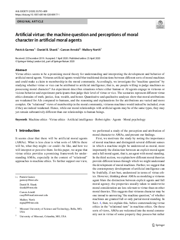 (PDF) Artificial virtue: the machine question and perceptions of moral ...