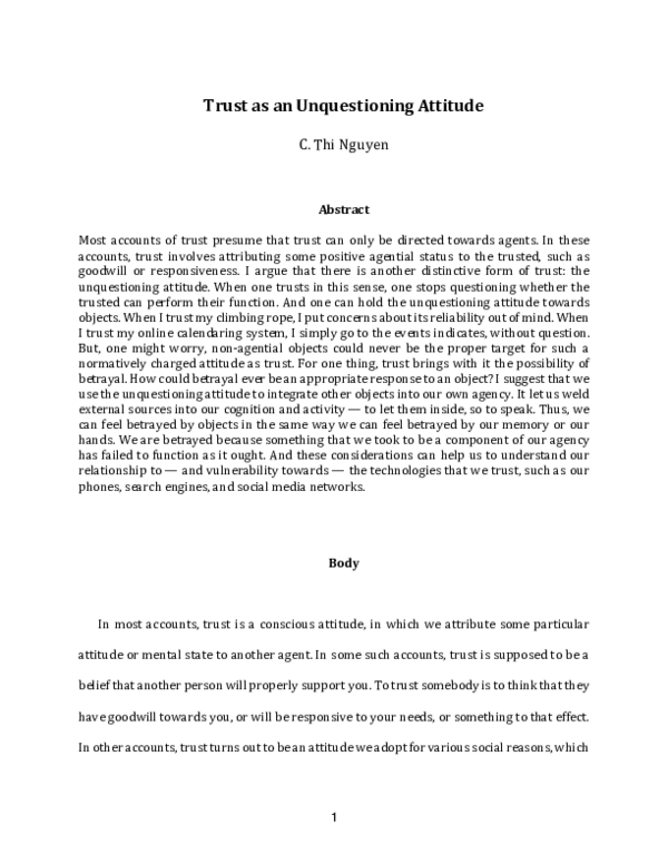(PDF) Trust as an Unquestioning Attitude