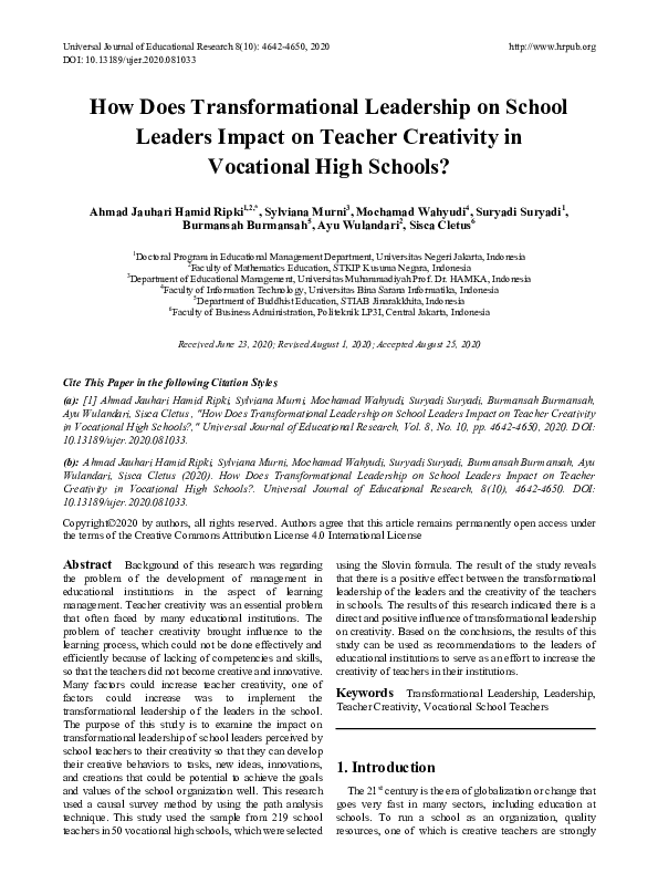 (PDF) How Does Transformational Leadership on School Leaders Impact on ...