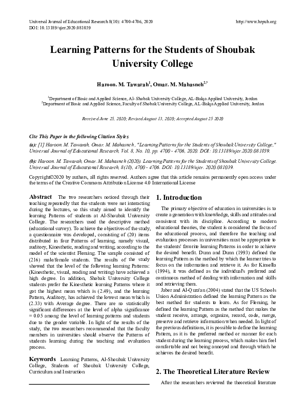 (PDF) Learning Patterns for the Students of Shoubak University College