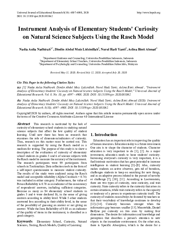 (PDF) Instrument Analysis of Elementary Students' Curiosity on Natural ...
