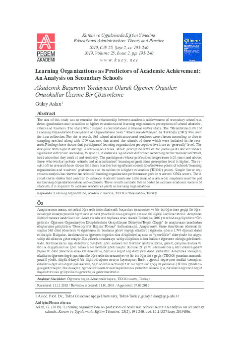 (PDF) Learning Organizations as Predictors of Academic Achievement: An ...