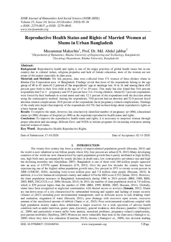(PDF) Reproductive Health Status and Rights of Married Women at Slums ...