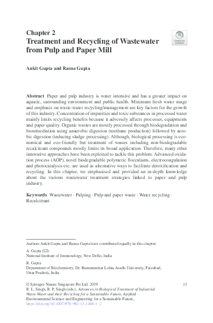 (PDF) Treatment and Recycling of Wastewater from Pulp and Paper Mill A