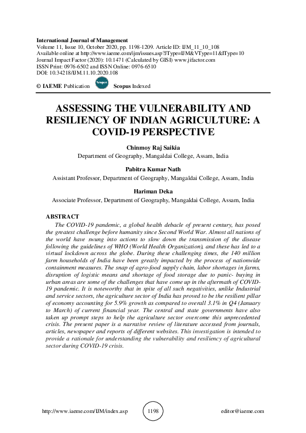 (PDF) ASSESSING THE VULNERABILITY AND RESILIENCY OF INDIAN AGRICULTURE ...