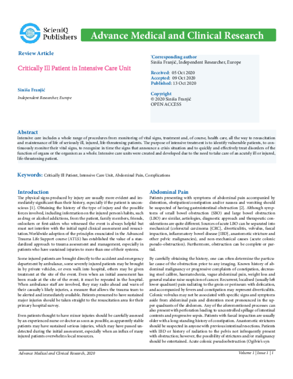 (PDF) Critically Ill Patient in Intensive Care Unit