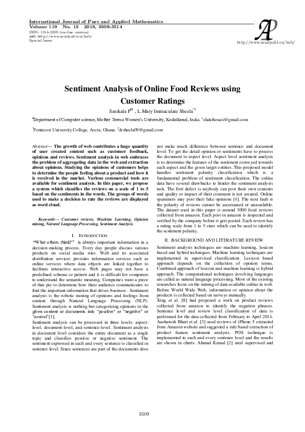 (PDF) Sentiment Analysis of Online Food Reviews using Customer Ratings