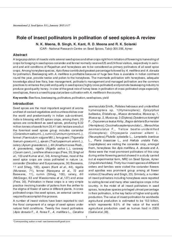(PDF) Role of insect pollinators in pollination of seed spices-A review