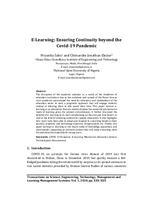 (PDF) E-Learning: Ensuring Continuity beyond the Covid-19 Pandemic