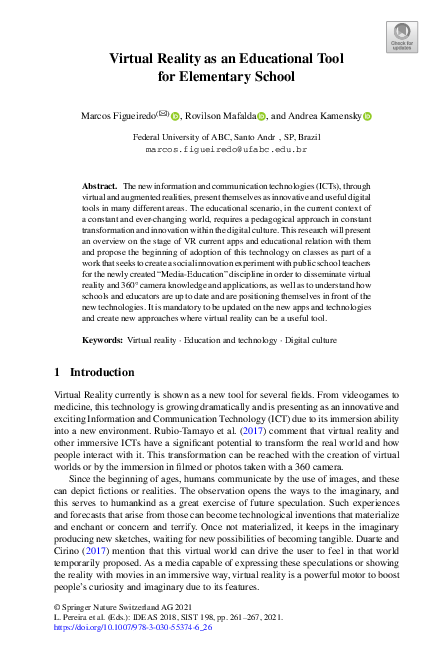 (PDF) Virtual Reality as an Educational Tool for Elementary School