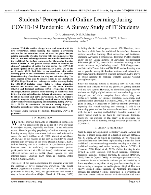 (PDF) Students' Perception of Online Learning during COVID-19 Pandemic ...
